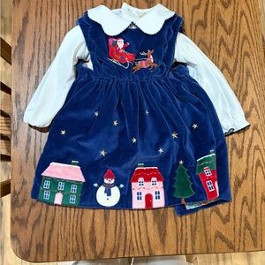 Baby Boden Navy Velvet Holiday Dress with White Collar and Festive Appliqués